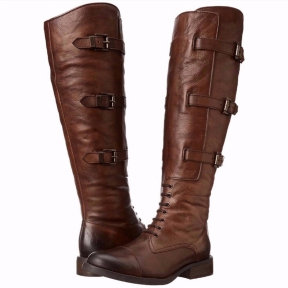 Vince Camuto Fenton Russet Two Tone Brown Leather Knee-High Buckle Riding Boots